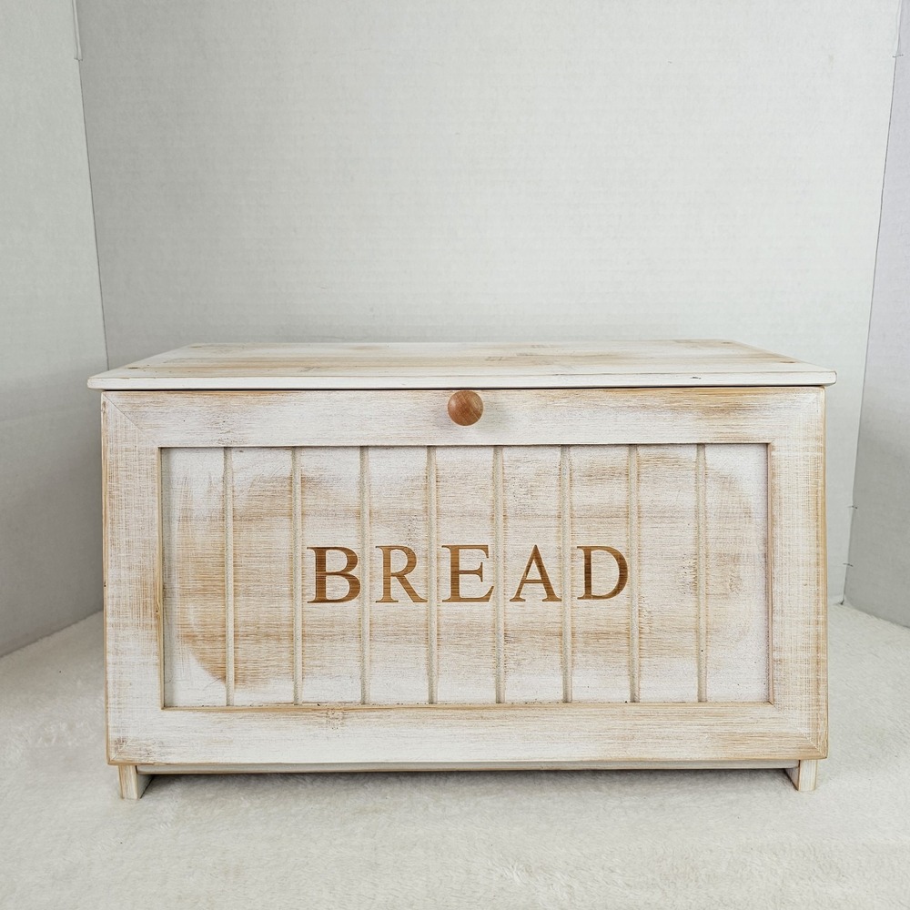 Vintage Wood Bread Box for Kitchen Counter, Food Storage Bin,White